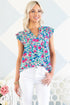 Sky Blue Pleated Flutter Sleeve Tie V Neck Floral Blouse