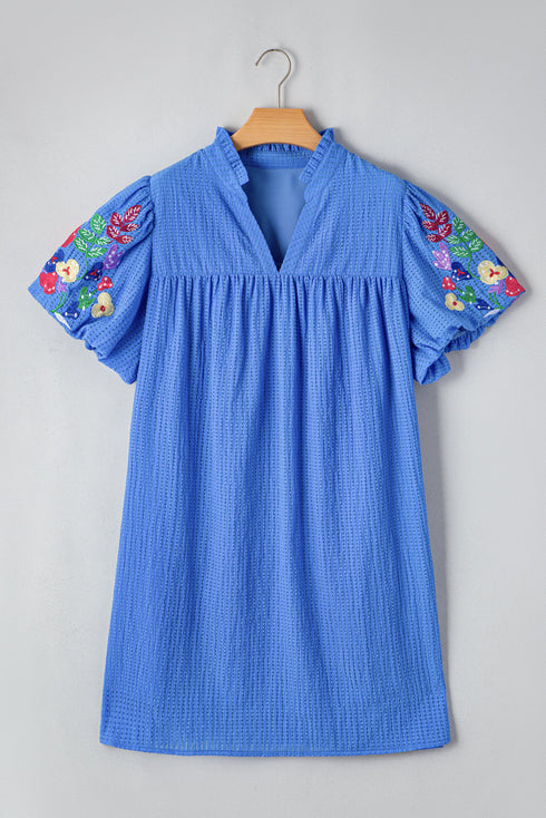 Sky Blue Plus Size Floral Embroidered Puff Sleeve Gingham Mini Dress