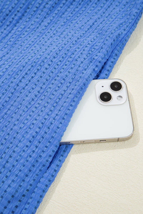 Sky Blue Plus Size Floral Embroidered Puff Sleeve Gingham Mini Dress