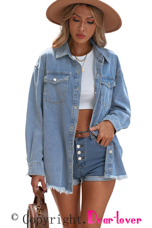 Sky Blue Pocket Raw Hem Buttoned Denim Jacket