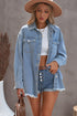 Sky Blue Pocket Raw Hem Buttoned Denim Jacket