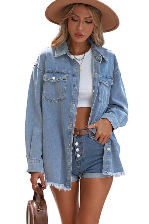 Sky Blue Pocket Raw Hem Buttoned Denim Jacket