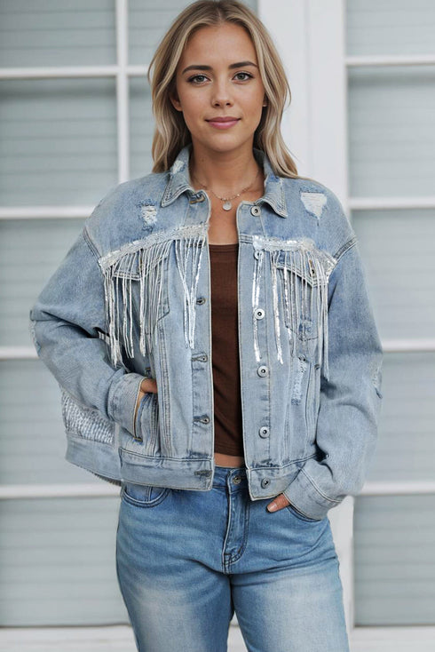 Sky Blue Sequin Embellished Fringe Distressed Denim Jacket