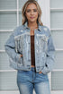 Sky Blue Sequin Embellished Fringe Distressed Denim Jacket