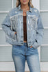 Sky Blue Sequin Embellished Fringe Distressed Denim Jacket