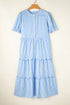Sky Blue Stripe Bubble Short Sleeve Tiered Scallop Long Dress