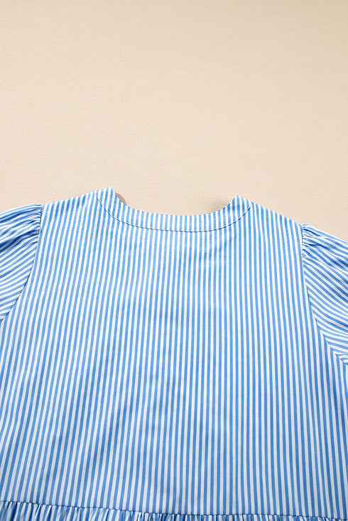 Sky Blue Stripe Bubble Short Sleeve Tiered Scallop Long Dress