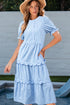 Sky Blue Stripe Bubble Short Sleeve Tiered Scallop Long Dress