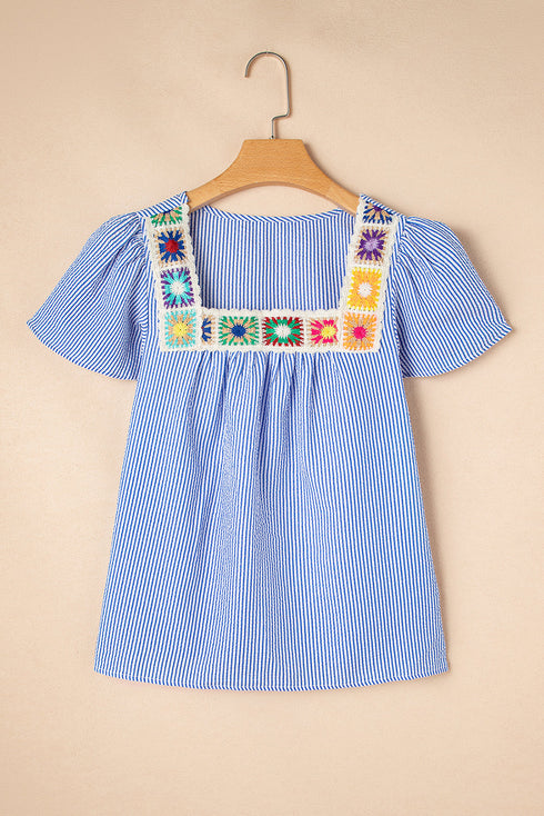 Sky Blue Stripe Textured Ruffle Short Sleeve Boho Detail Square Neck Blouse