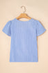 Sky Blue Stripe Textured Ruffle Short Sleeve Boho Detail Square Neck Blouse