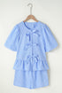 Sky Blue Striped Bowknot Detail Puffy Sleeve Top and Shorts 2Pcs Set