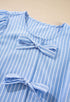 Sky Blue Striped Bowknot Detail Puffy Sleeve Top and Shorts 2Pcs Set