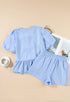 Sky Blue Striped Bowknot Detail Puffy Sleeve Top and Shorts 2Pcs Set