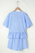 Sky Blue Striped Bowknot Detail Puffy Sleeve Top and Shorts 2Pcs Set