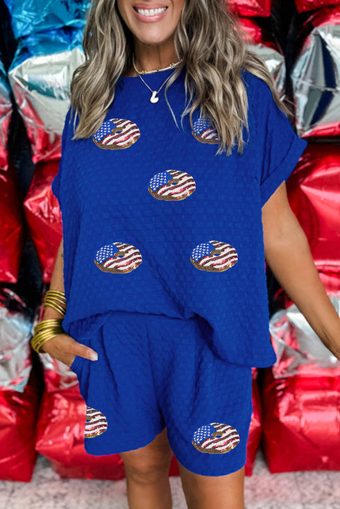 Sky Blue Textured USA Flag Doughnut Graphic Buttoned Back Tee and Shorts