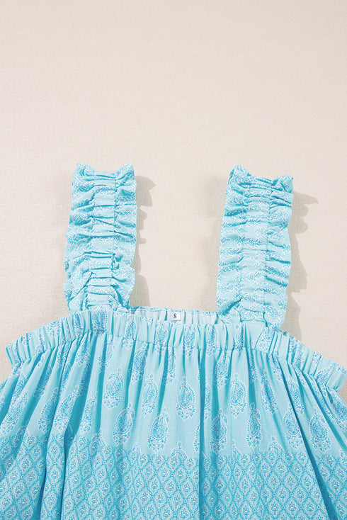 Sky Blue Tribal Pattern Print Ruffled Wide Straps Loose Tank Top