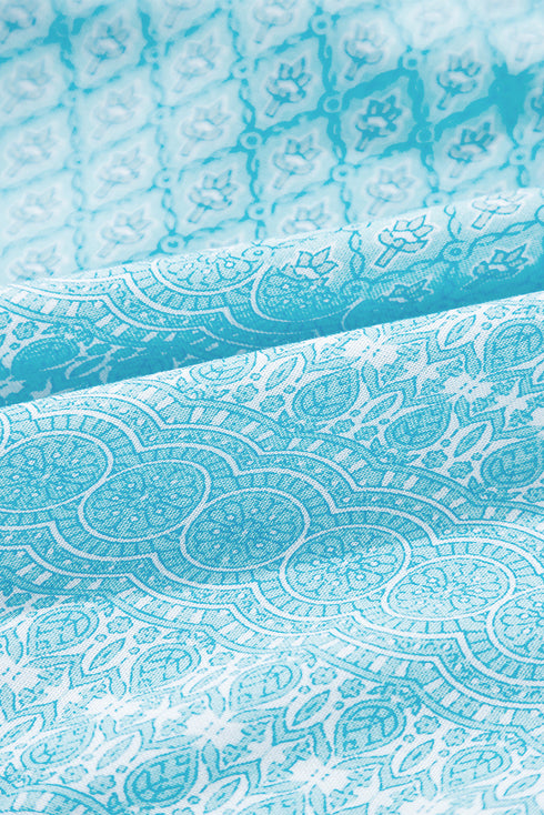 Sky Blue Tribal Pattern Print Ruffled Wide Straps Loose Tank Top