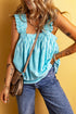 Sky Blue Tribal Pattern Print Ruffled Wide Straps Loose Tank Top