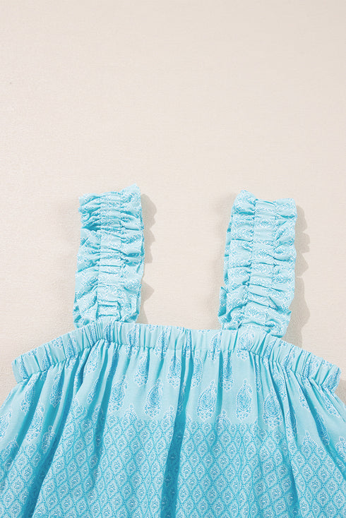 Sky Blue Tribal Pattern Print Ruffled Wide Straps Loose Tank Top