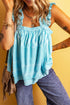 Sky Blue Tribal Pattern Print Ruffled Wide Straps Loose Tank Top