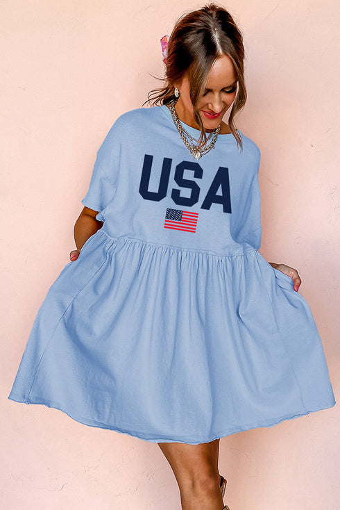 Sky Blue USA Flag Print Short Sleeve High Waist Babydoll Dress