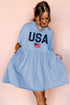 Sky Blue USA Flag Print Short Sleeve High Waist Babydoll Dress