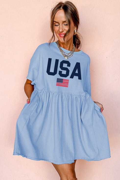 Sky Blue USA Flag Print Short Sleeve High Waist Babydoll Dress