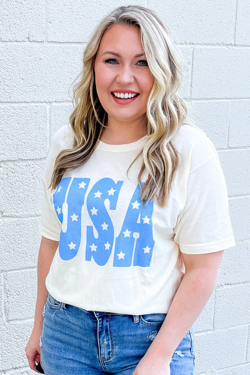 Sky Blue USA Graphic Crewneck Plus Size Patriotic Tee