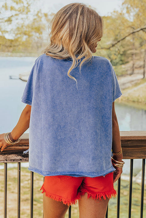 Sky Blue USA Patch Mineral Wash Notch V Neck Vintage Graphic T Shirt