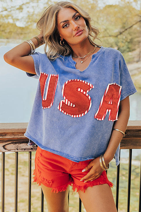 Sky Blue USA Patch Mineral Wash Notch V Neck Vintage Graphic T Shirt