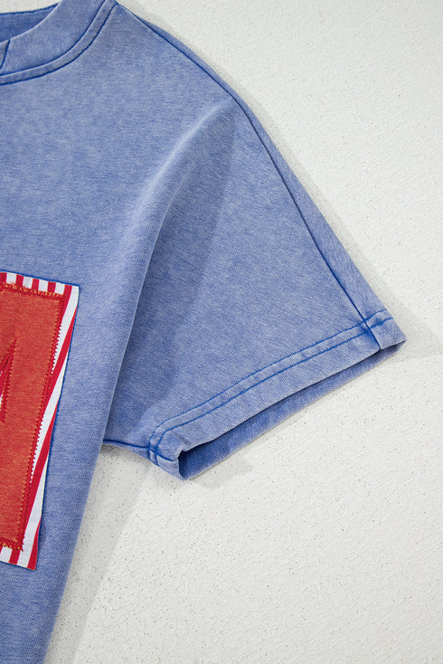 Sky Blue USA Patch Mineral Wash Notch V Neck Vintage Graphic T Shirt