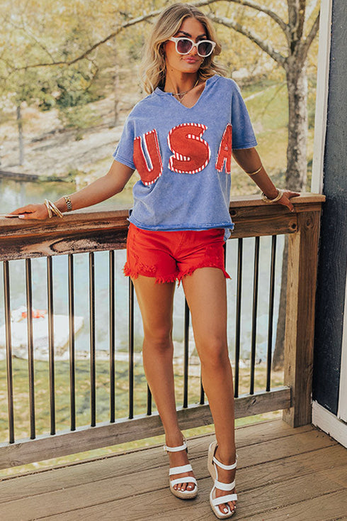 Sky Blue USA Patch Mineral Wash Notch V Neck Vintage Graphic T Shirt