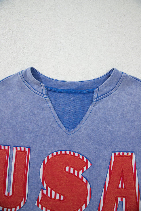 Sky Blue USA Patch Mineral Wash Notch V Neck Vintage Graphic T Shirt