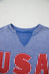 Sky Blue USA Patch Mineral Wash Notch V Neck Vintage Graphic T Shirt