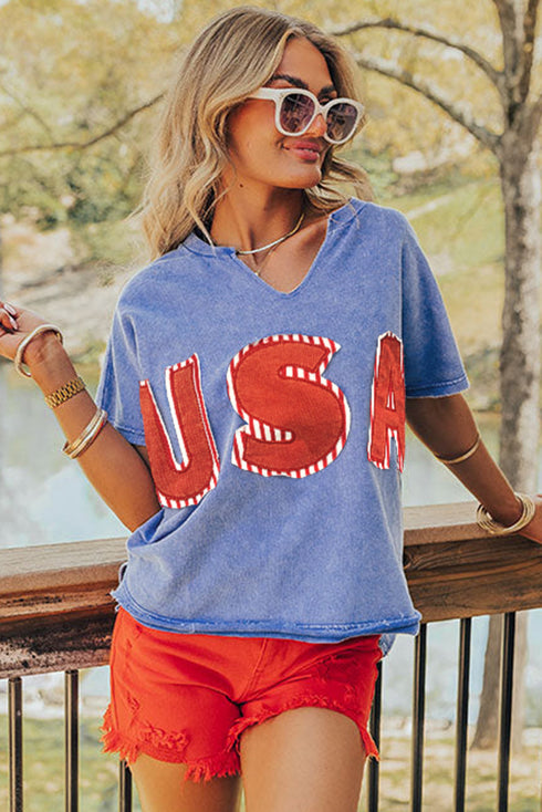 Sky Blue USA Patch Mineral Wash Notch V Neck Vintage Graphic T Shirt