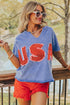 Sky Blue USA Patch Mineral Wash Notch V Neck Vintage Graphic T Shirt