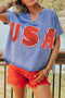 Sky Blue USA Patch Mineral Wash Notch V Neck Vintage Graphic T Shirt