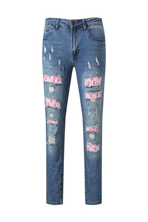 Sky Blue Valentine'S Day Heart Patchwork Jeans