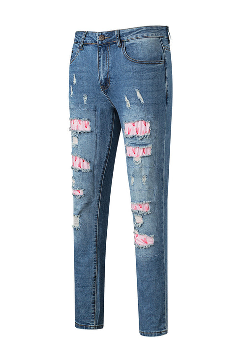 Sky Blue Valentine'S Day Heart Patchwork Jeans