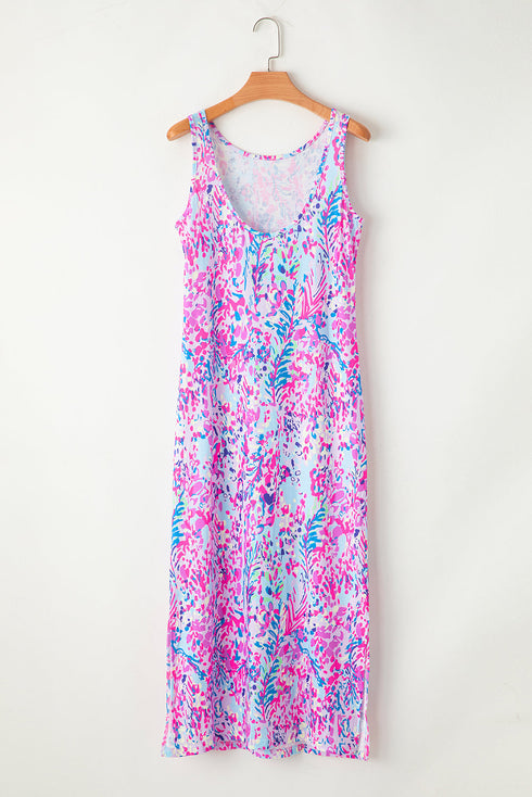 Sleeveless Abstract Print Side Slit Maxi Dress