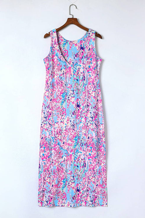 Sleeveless Abstract Print Side Slit Maxi Dress