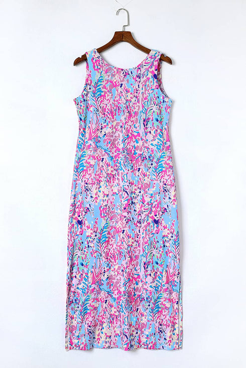 Sleeveless Abstract Print Side Slit Maxi Dress