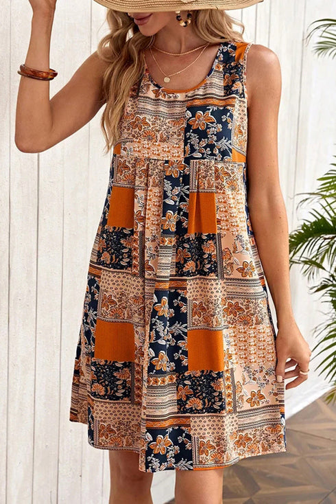 Sleeveless Bohemian Patchwork Print Mini Shift Dress