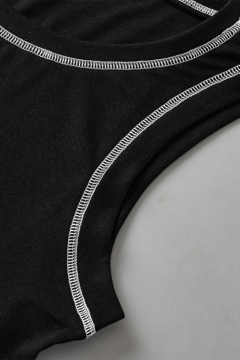 Sleeveless Contrast Stitch Crew Neck Curved Hem Tank Top