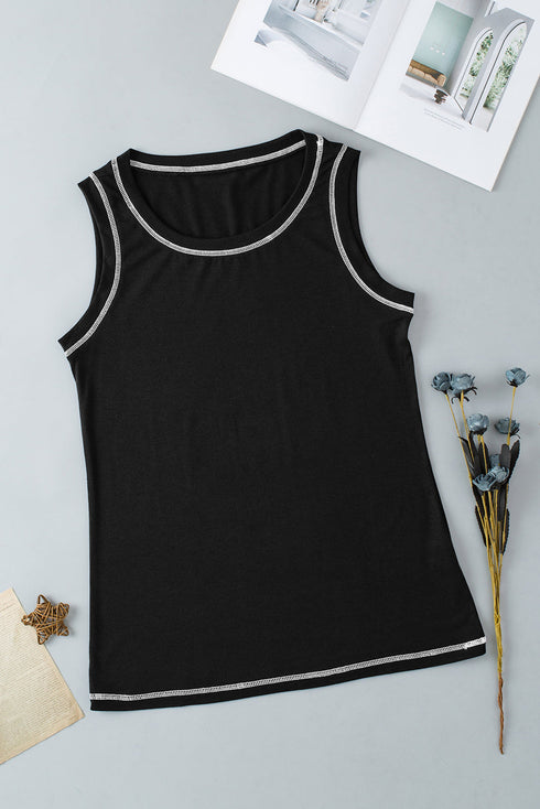 Sleeveless Contrast Stitch Crew Neck Curved Hem Tank Top