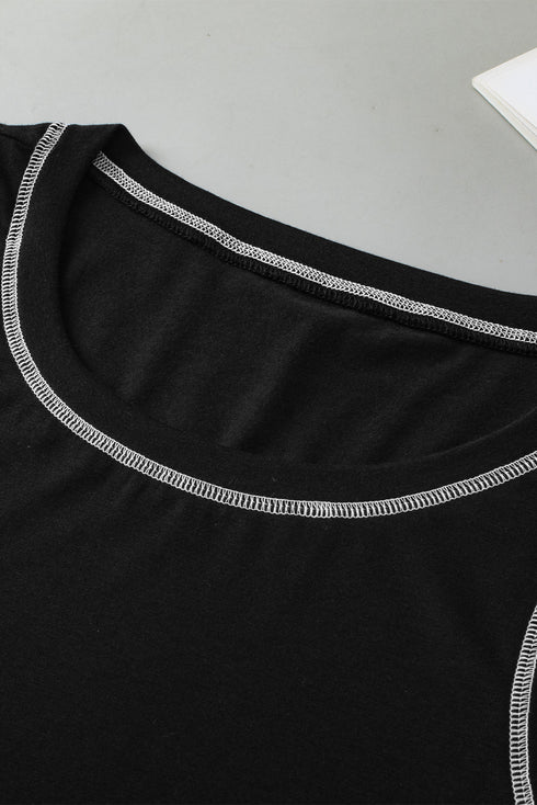 Sleeveless Contrast Stitch Crew Neck Curved Hem Tank Top