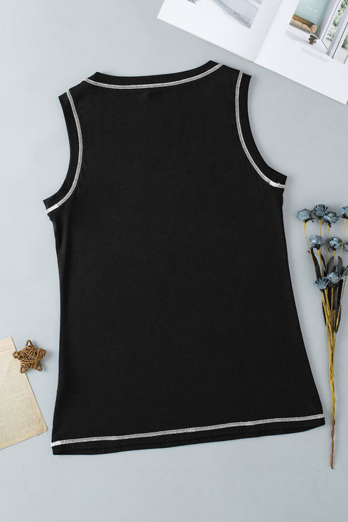 Sleeveless Contrast Stitch Crew Neck Curved Hem Tank Top