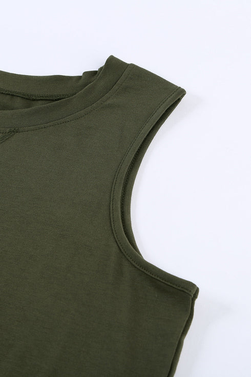 Sleeveless Crew Neck Cross Stitch Detail Casual Tank Top