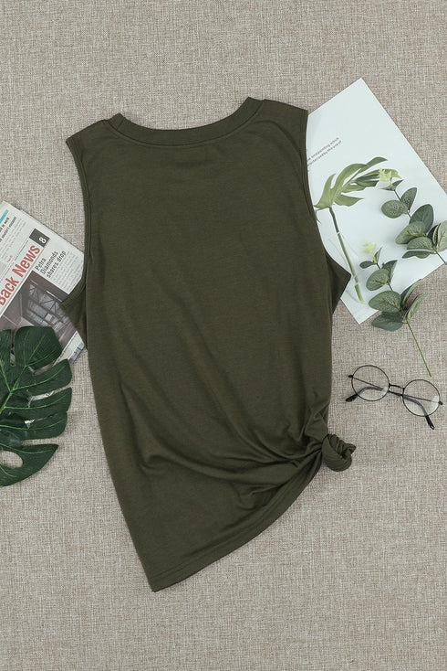 Sleeveless Crew Neck Cross Stitch Detail Casual Tank Top