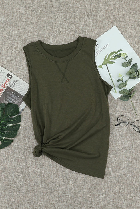 Sleeveless Crew Neck Cross Stitch Detail Casual Tank Top